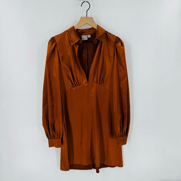 ASOS Rust Satin Mini Dress Size 6 Collared Deep V Neck Fall Party Dress Babydoll - Picture 6 of 6